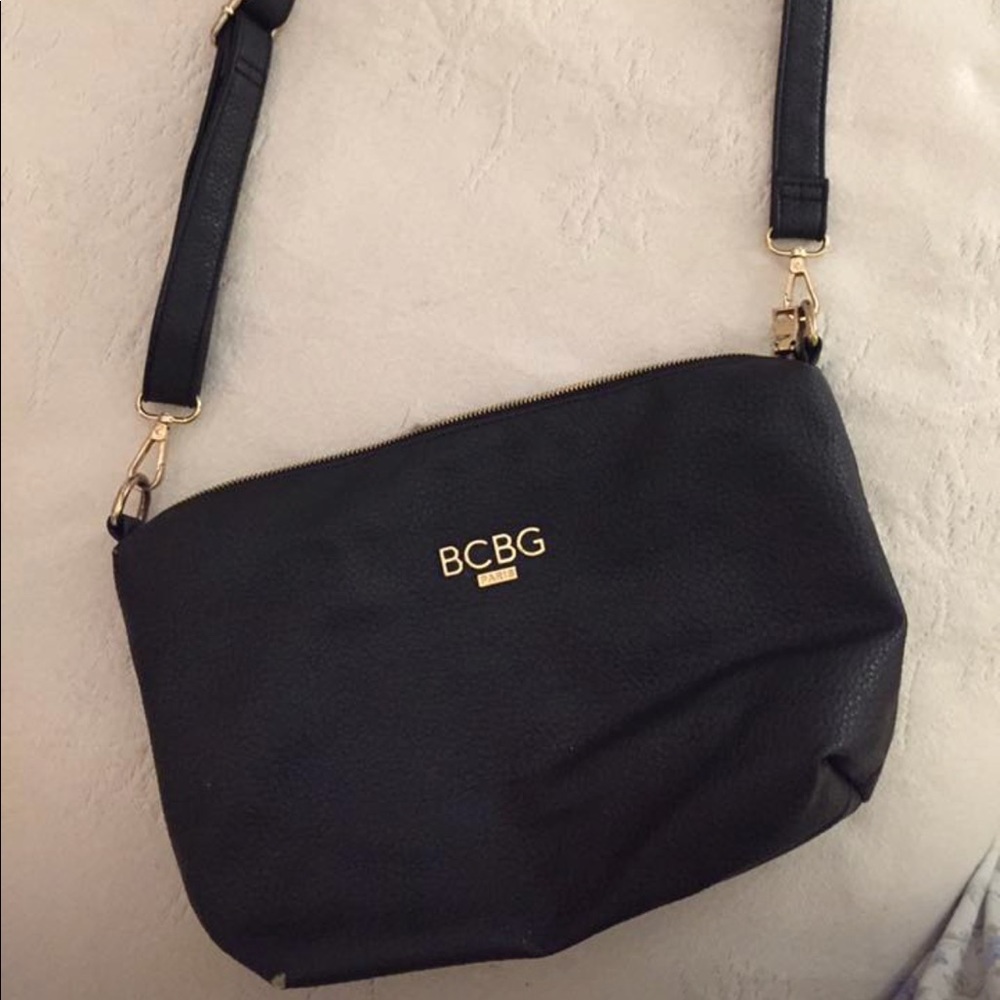 BCBG black leather over the shoulder tote.